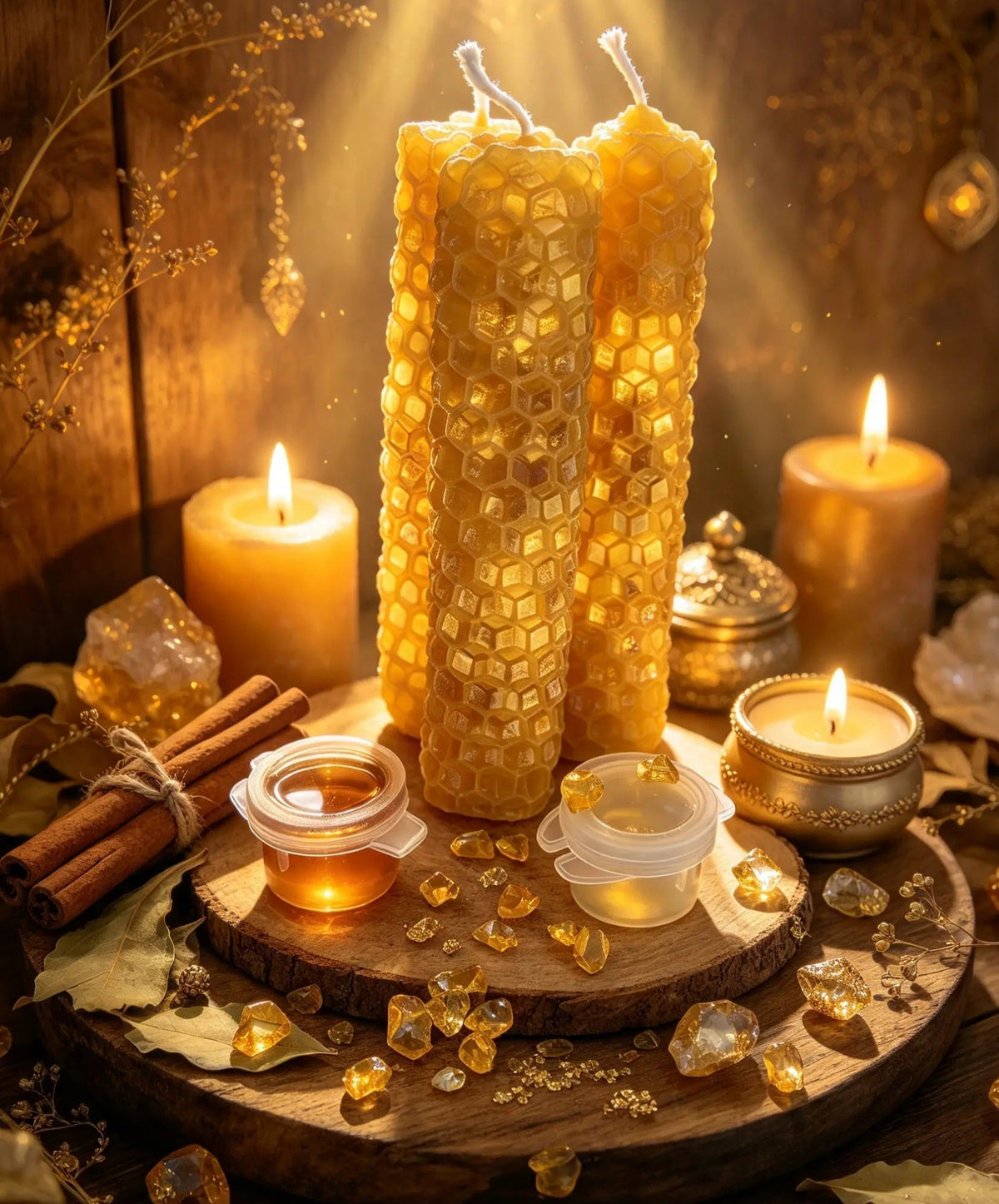 Presentación del Ritual Atrae Clientes con tres velas doradas de textura de panal y elementos decorativos.